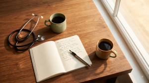 Stethoscope, notebook, and two coffee cups on a wooden table, styled in sage green and amber tones.