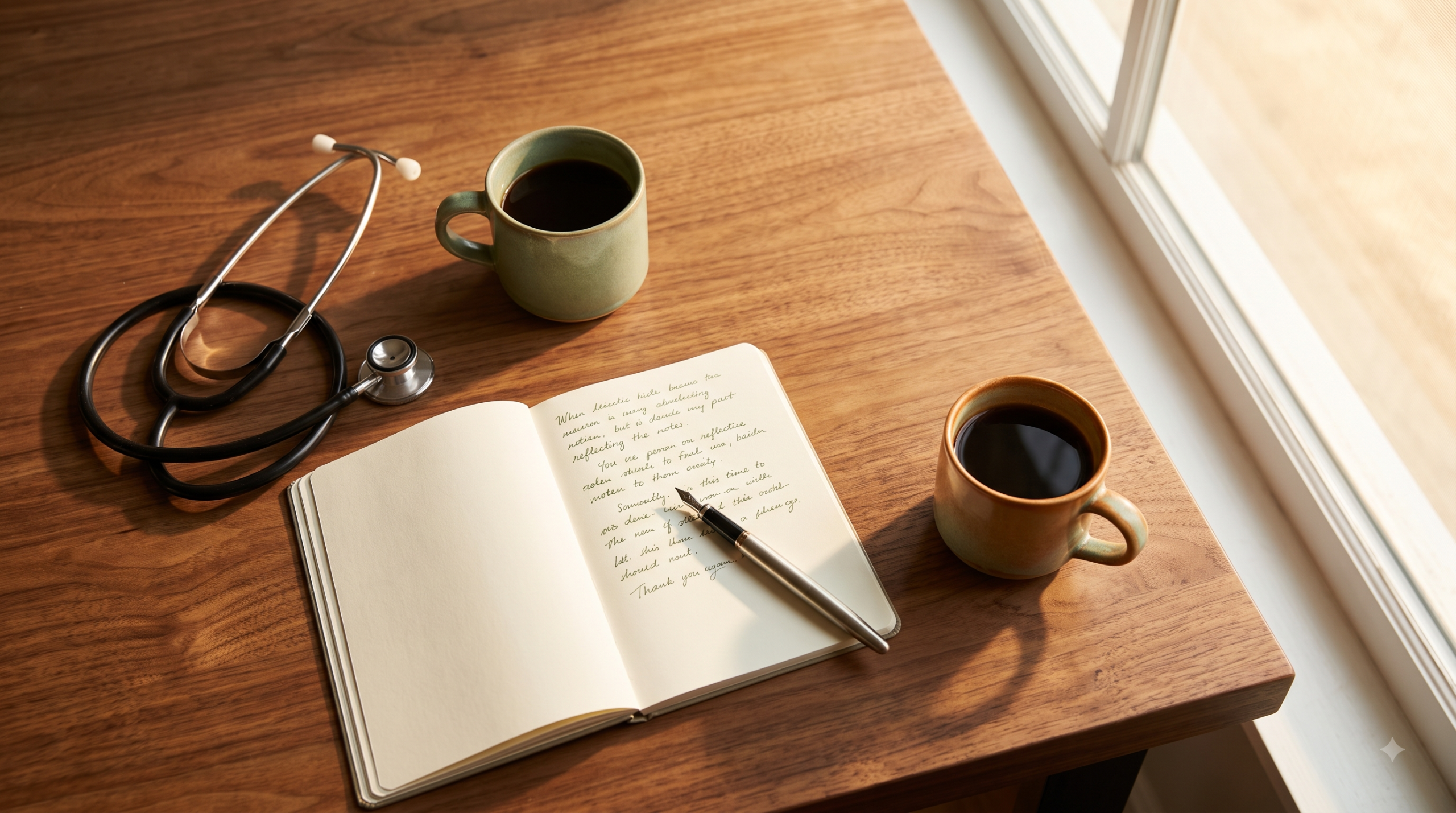 Stethoscope, notebook, and two coffee cups on a wooden table, styled in sage green and amber tones.