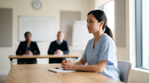 Calm medical exam candidate demonstrating composure during a viva or oral exam, representing performance coaching under pressure
